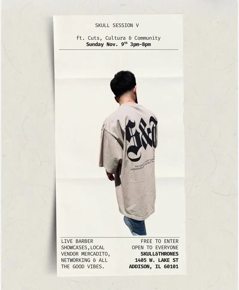Skull Session V: live barber showcases, a local vendor mercadito and networking, free and open to everyone.